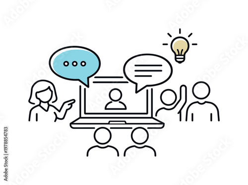 Interactive lesson process highlighting real time communication and feedback between teacher and students in a modern classroom, a laptop paired with a speech bubble and