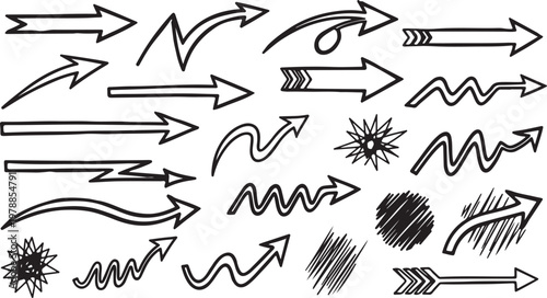 Hand drawn arrow vector set — doodle sketch curved arrows and symbols in black ink