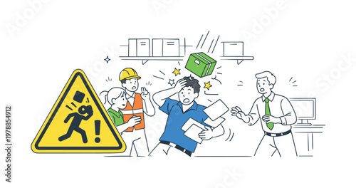 Employee experiencing an unexpected workplace accident while performing daily tasks in an industrial or office environment, illustrated through a clear metaphor of a