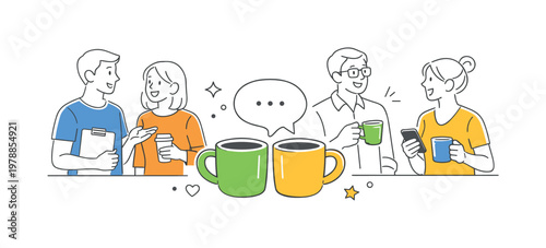 A relaxation and social interaction concept where people step away from tasks to enjoy a casual moment over coffee, represented by a minimal composition of two cups