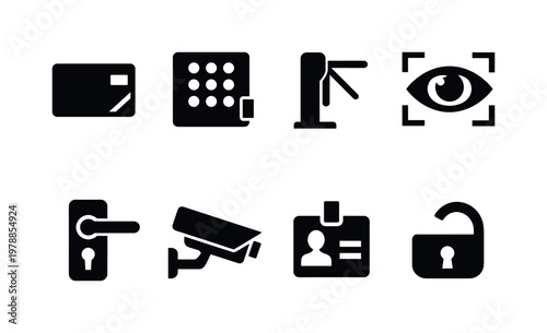 Access control mechanisms: keycard, keypad lock, turnstile gate, biometric eye scanner, door handle with lock, security camera, access badge, unlock symbol.