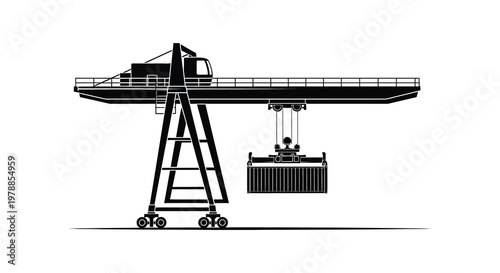 A stark black silhouette depicts a large gantry crane with a shipping container evoking industrial strength silhouette high quality professional detailed
