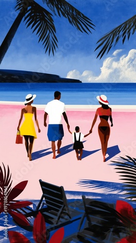 Family Stroll on Beach Under Bright Sky With Palm Trees During Sunny Day