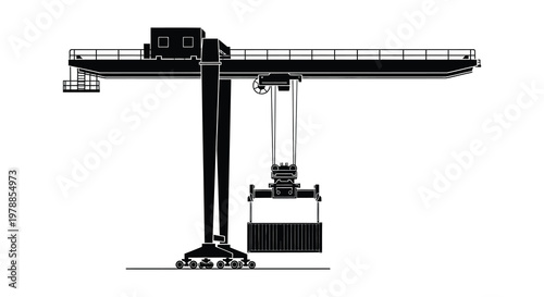 A stark depiction of a gantry crane with a shipping container emphasizing its industrial form a silhouette high quality professional