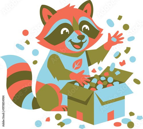 Raccoon joyfully unboxing biodegradable packing peanuts