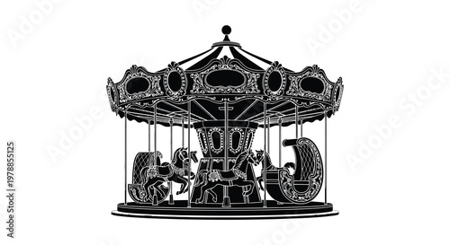 An ornate vintage carousel illustration with detailed horses and decorative elements rendered as a striking silhouette high quality professional modern elegant
