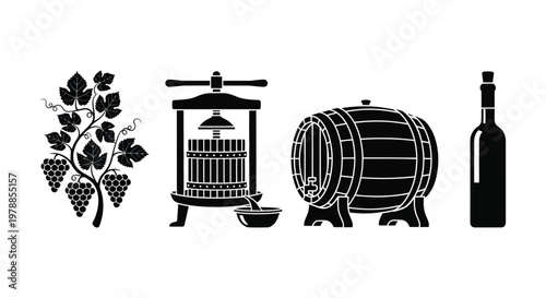 A row of black silhouettes depicting grape vines a wine press barrel and bottle showcasing winemaking processes silhouette high quality professional