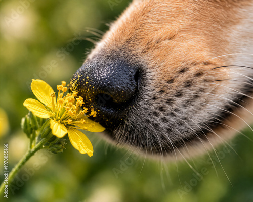 Nahaufnahme einer Hundenase beim Schnüffeln an einer gelben Blume