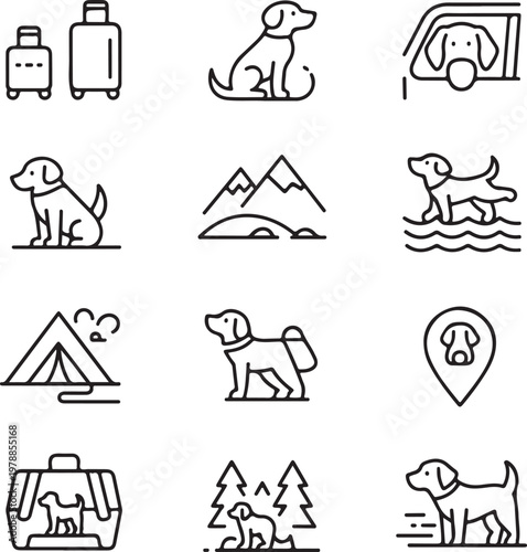 Dog travel and outdoor activity icons luggage suitcase