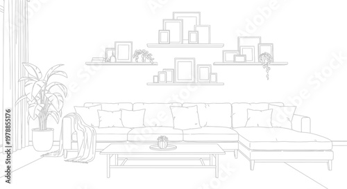 A minimalist living room interior featuring a sectional sofa shelves and decorative plants