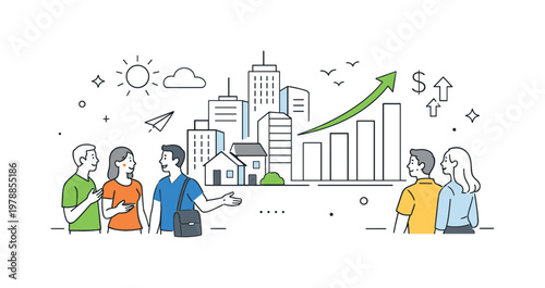 An economic and population growth concept where urban areas evolve and attract more people and opportunities, visualized by a small group interacting near a simple