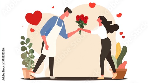 Man Gives Woman Flowers in a Room Decorated With Hearts and Plants for a Spec...