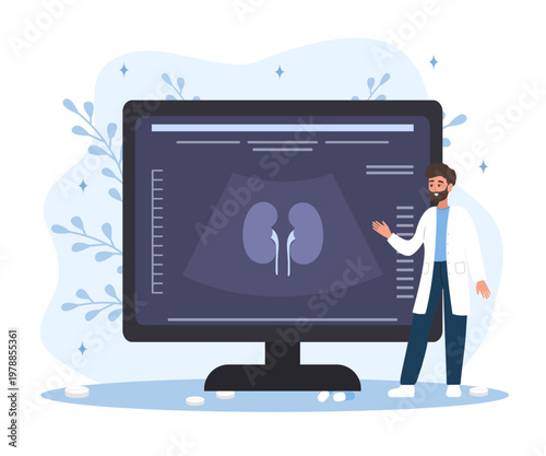 Nephrologist concept. Ultrasound exam for urology and nephrology care. Kidney failure disease. Flat vector illustration.