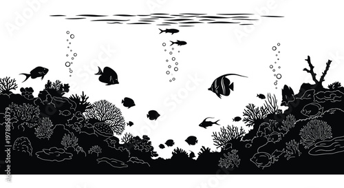 A black and white underwater scene depicts coral reefs various fish and bubbles in a striking silhouette high quality professional detailed