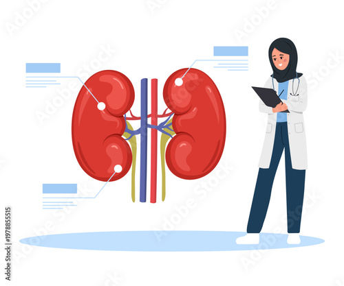 Kidney cancer diagnosis and treatment. Arab female doctor exam renal diseases. Oncology or urology concept. Medical vector illustration of internal organ.