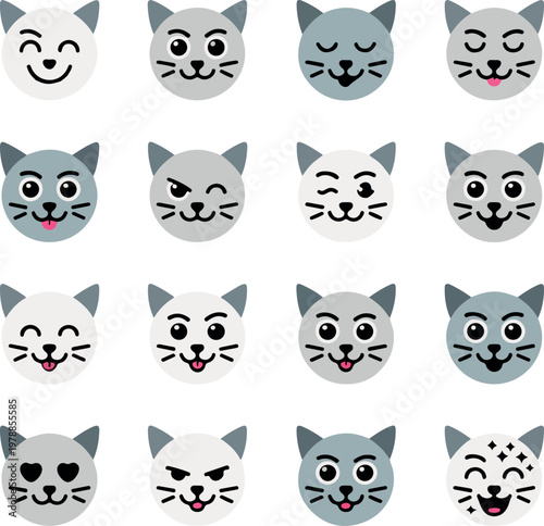 Sixteen cartoon cat faces with various expressions