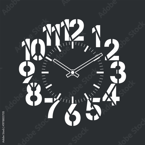 Modern clock face with abstract numerals in a minimalist dark setting