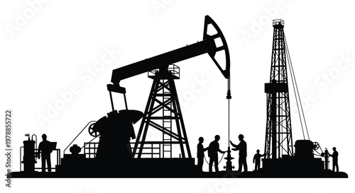 An industrial landscape featuring oil pumps a drilling rig and workers all depicted in black silhouette high quality professional detailed modern