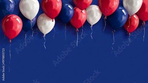 Colorful Balloons in Red, White, and Blue Hanging on a Blue Wall for a Celebr...