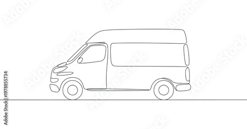 Van outline in a single continuous line on a white background