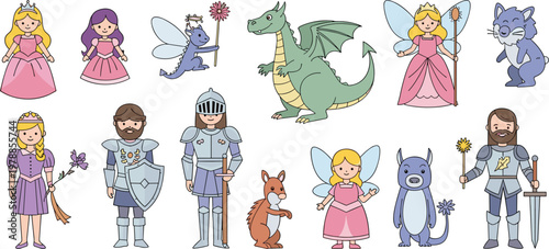 Fantasy Fairy Tale Vector Set Featuring Princesses Knights Dragons Fairies And Mythical Creatures For Children Storytelling Magic Kingdom And Medieval Theme Graphic Designs