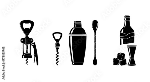 Bar Tools Vector Icons – Bottle Opener, Shaker & Cocktail Accessories