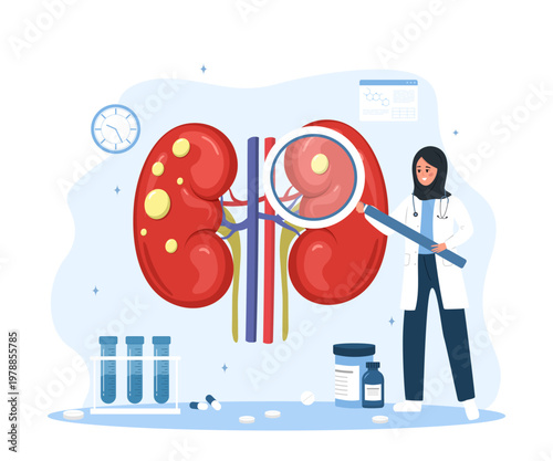 Kidney cysts concept. Female doctor with large magnifier examines kidneys. Diagnosis and treatment internal organ. Medical illustration of renal disease. Vector illustration in flat cartoon style.