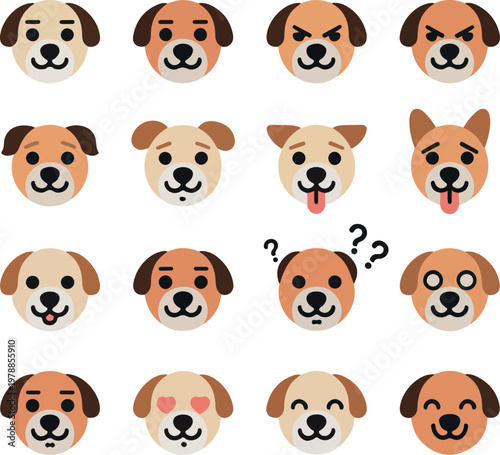 Sixteen dog faces with various expressions and emotions