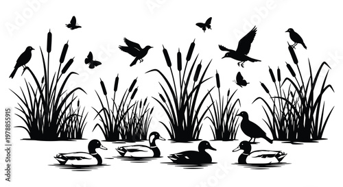 A tranquil wetland scene depicts ducks birds and cattails rendered in striking black silhouette high quality professional detailed modern elegant stylish