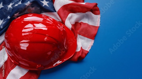 Red Hard Hat on American Flag Against a Blue Backdrop During a Work-Related T...