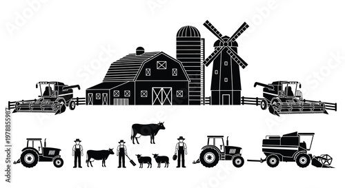 A detailed black and white farm scene featuring buildings livestock and machinery in silhouette high quality professional modern elegant stylish clean