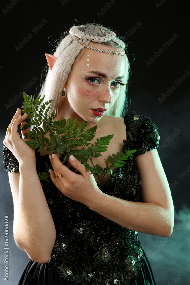 Naklejka premium Beautiful elf girl with floral decor on black background with smoke