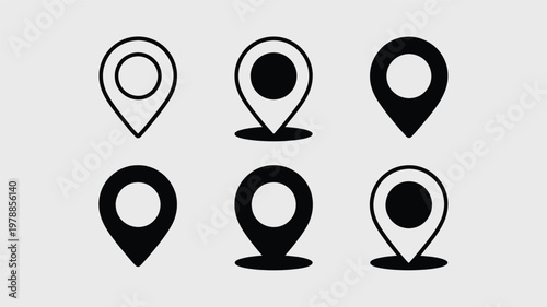 Minimalist location pin icons set in flat design with light and dark variants for maps and navigation