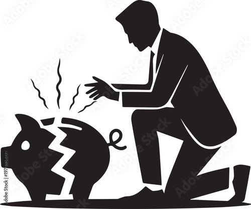 Businessman kneeling with hands out trying to fix broken piggy bank with cracks and smoke coming out symbolizing financial problems and debt