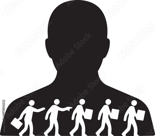 Human silhouette with small figures walking inside chest metaphor for thought process individuality and collective effort group working together internal ideas