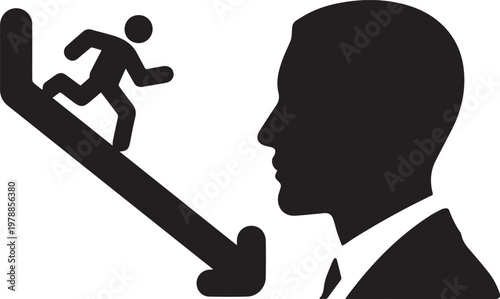 Motivational concept showing running stick figure on arrow towards profile of professional man symbolizing progress and personal ambition