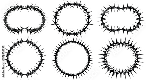Several circular arrangements of thorns are displayed against a white background forming a stark silhouette high quality professional detailed modern elegant