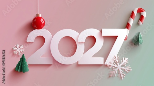New Year 2027 Decorations With Red Ornament and Candy Cane on a Colored Backg...