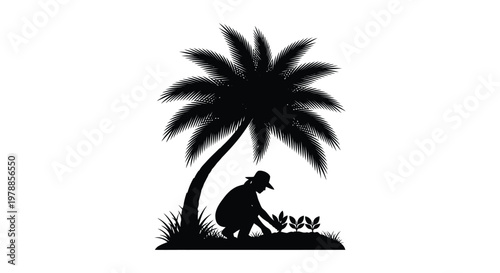 A striking black silhouette depicts a person gardening under a lush palm tree evoking a tropical scene silhouette high quality professional