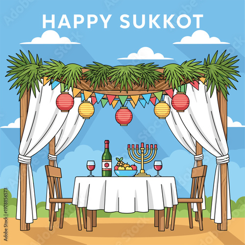 A festive sukkot scene with a decorated booth table setting and celebratory elements