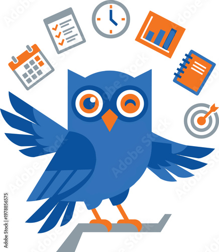 Owl managing digital planner icons with ease
