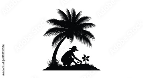 A tranquil scene depicts a farmer tending to plants beneath a palm tree presented as a silhouette high quality professional detailed