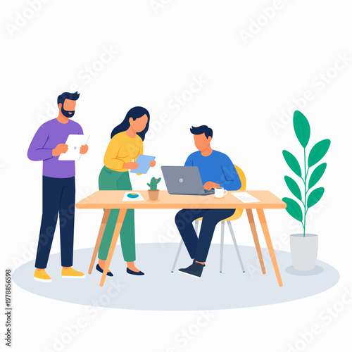Three coworkers discussing work processes in a friendly office setting. Team collaboration, communication and brainstorming during daily workflow. Flat vector illustration