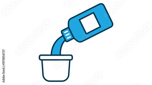 3D blue bottle pouring clear liquid into empty container for cleaning or refilling concept