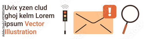 Digital communication, email alerts, notifications, online search, data security, workflow management. Envelope with notification, magnifying glass and traffic signal icon. Email alerts