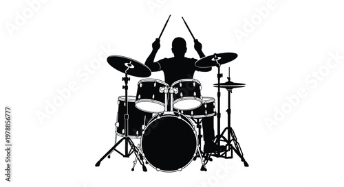 A striking black silhouette depicts a drummer energetically playing a full drum kit with cymbals silhouette high quality professional detailed modern