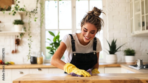 Woman Cleaning Kitchen Countertop With Yellow Gloves in Bright Space During D...