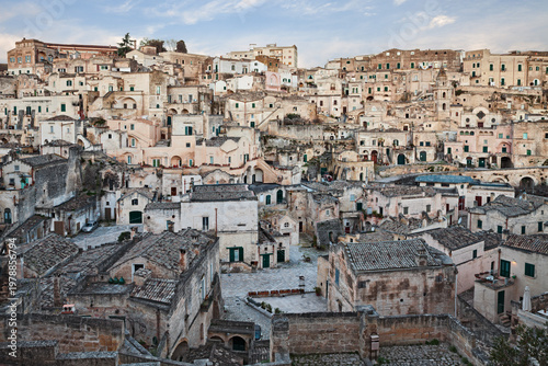 Matera, Basilicata, Italy: landscape at sunrise of the picturesque old town Sassi di Matera, district Sasso Barisano, in the city European Capital of Culture 2019