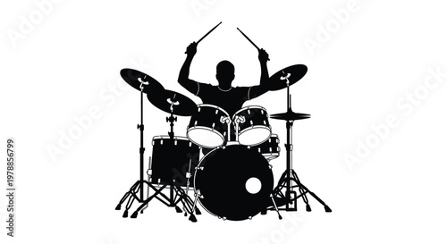 A dynamic black silhouette of a drummer energetically playing a full drum kit with raised arms silhouette high quality professional detailed