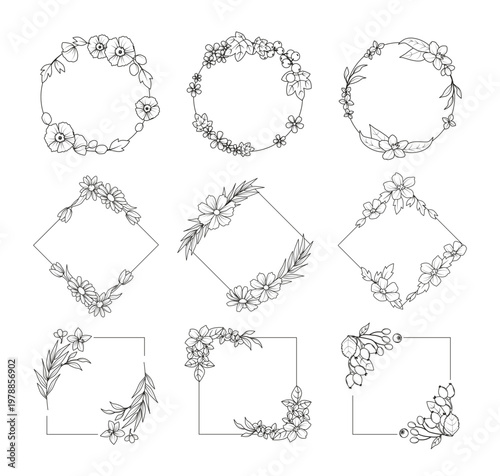 Set of Hand Drawn Rustic Floral Wedding Borders.